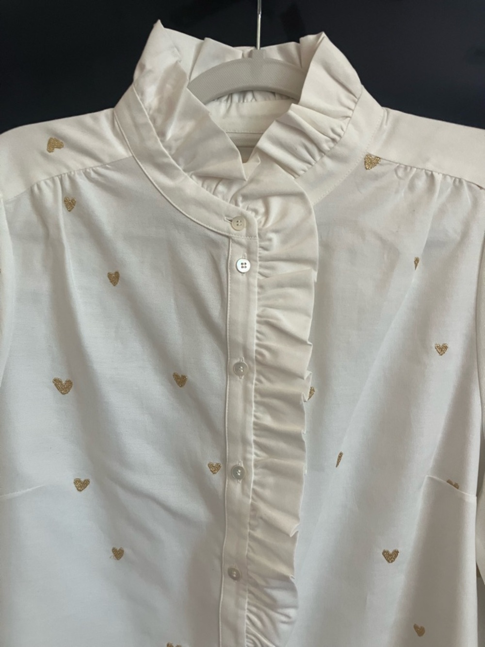 Sezane Chlo Blouse, Ecru with Gold Hearts, Ruffle, Size 10, 42
